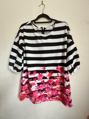 Anthropologie Black & White Striped Tunic with Pink Floral Hem